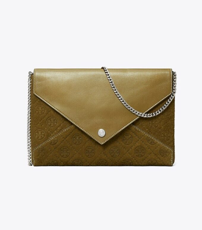 Pochette con catena in pelle scamosciata con T Monogram