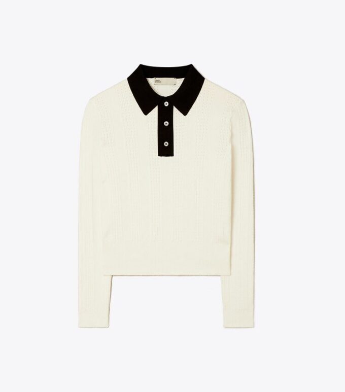 Polo a maniche lunghe in cotone pointelle Polo a maniche lunghe in cotone pointelle