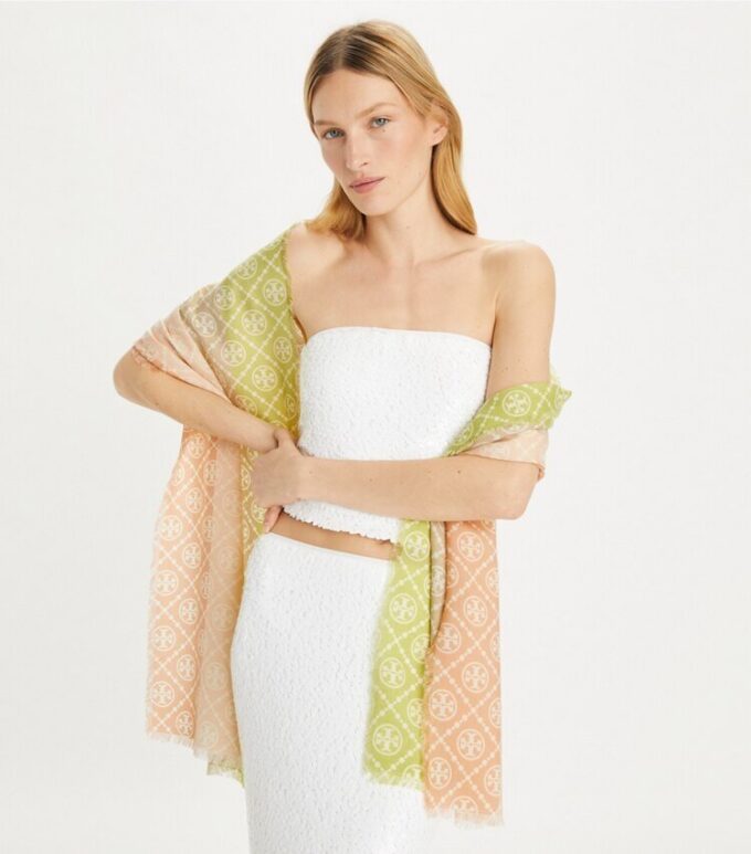 Sciarpa rettangolare con T Monogram e strisce multicolori