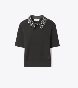 Top a maniche corte con collo decorato