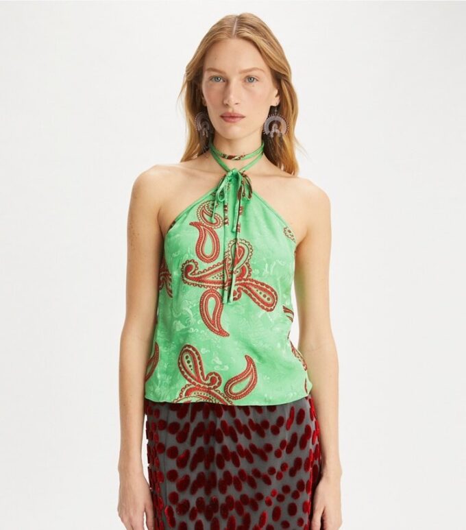 Top con nodo in raso paisley Top con nodo in raso paisley